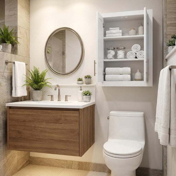 22 Inch Shaker White Wood Bathroom Wall Cabinet with Double Doors for Storage