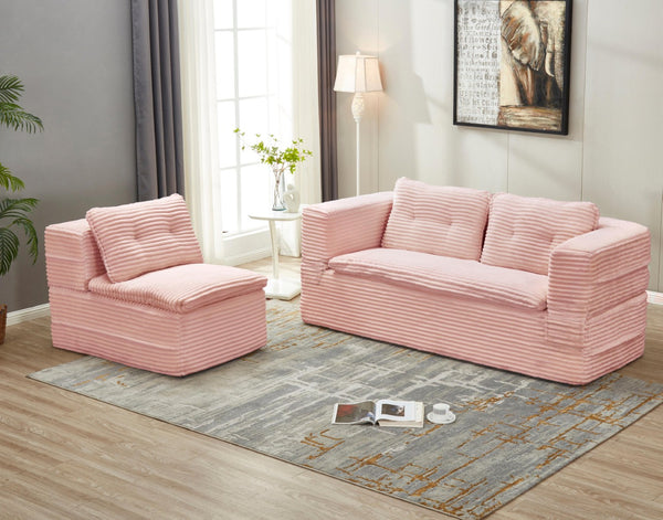 English Elm Multi Purpose Corduroy Sectional with Chaise Converts to King Floor Bed Deep Seat Baby Pink W3219S00008