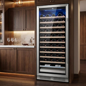 55 Inch Freestanding Wine Cooler with Glass Door and Sleek Metal Frame for Modern Kitchens