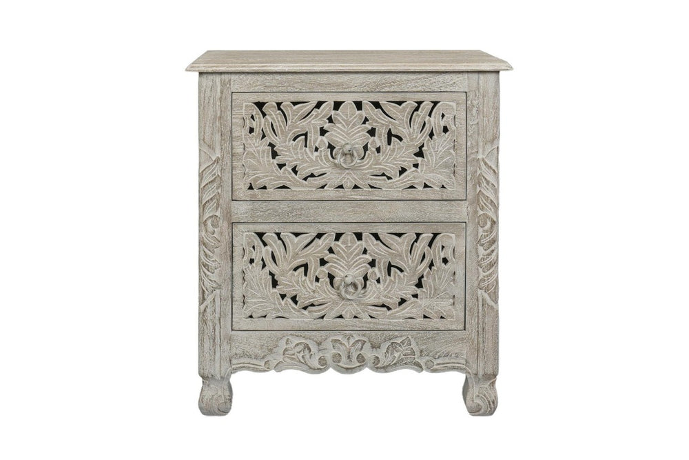 HomeRoots 27 Inch Solid Wood Nightstand with Carved Floral Relief Detail and Two Storage Drawers Gray 755906