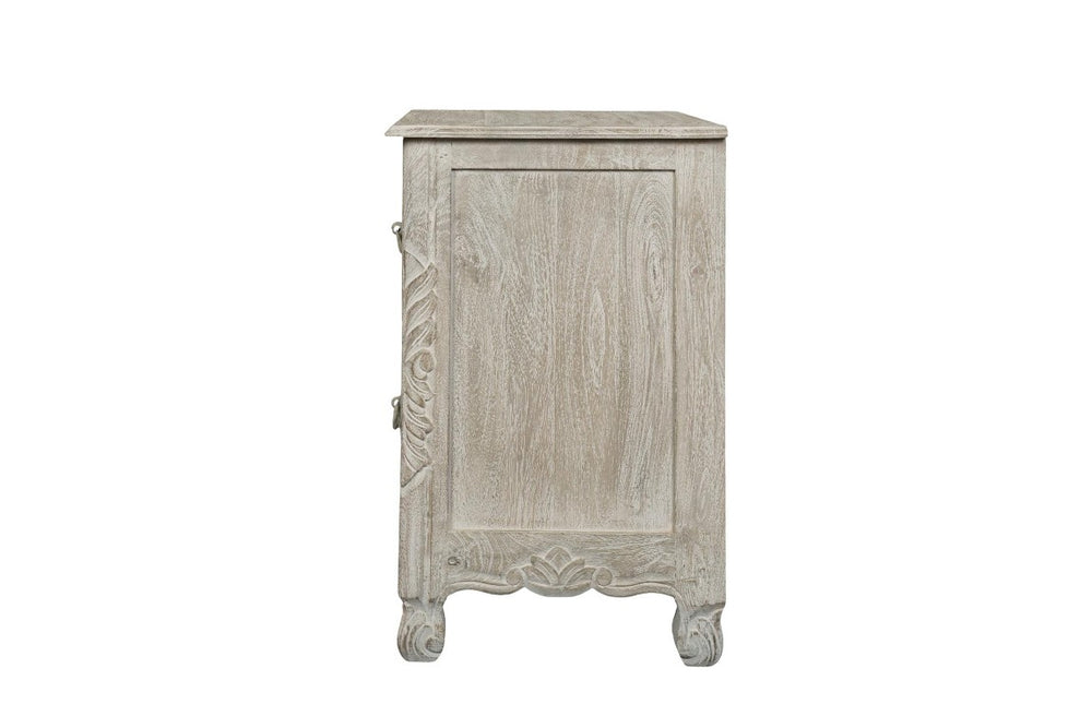 HomeRoots 27 Inch Solid Wood Nightstand with Carved Floral Relief Detail and Two Storage Drawers Gray 755906