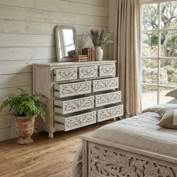 57 Inch Solid Wood Nine Drawer Dresser with Carved Floral Detail for Elegant Bedroom Storage