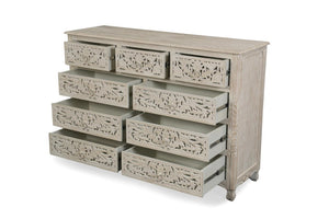HomeRoots 57 Inch Solid Wood Nine Drawer Dresser with Carved Floral Detail for Elegant Bedroom Storage White 755907