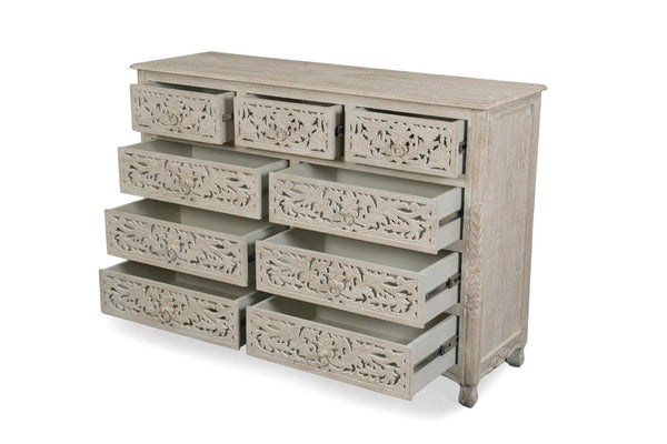 HomeRoots 57 Inch Solid Wood Nine Drawer Dresser with Carved Floral Detail for Elegant Bedroom Storage White 755907
