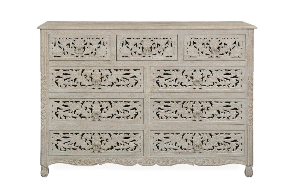 HomeRoots 57 Inch Solid Wood Nine Drawer Dresser with Carved Floral Detail for Elegant Bedroom Storage White 755907