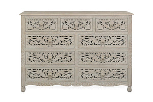 57 Inch Solid Wood Nine Drawer Dresser with Carved Floral Detail for Elegant Bedroom Storage