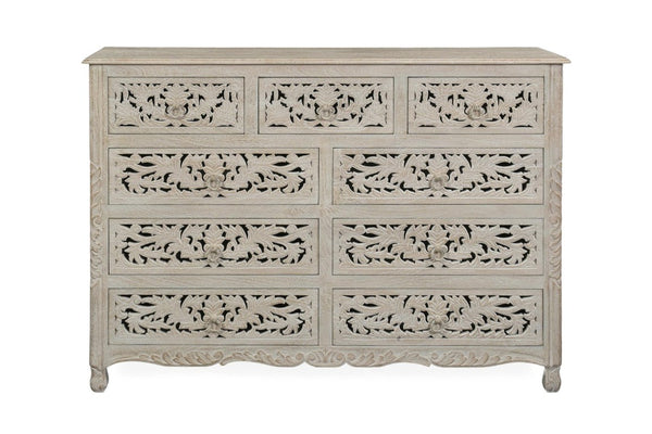 57 Inch Solid Wood Nine Drawer Dresser with Carved Floral Detail for Elegant Bedroom Storage