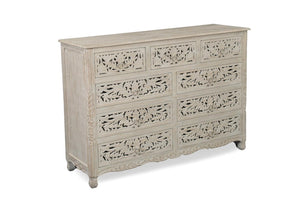 57 Inch Solid Wood Nine Drawer Dresser with Carved Floral Detail for Elegant Bedroom Storage