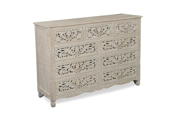 57 Inch Solid Wood Nine Drawer Dresser with Carved Floral Detail for Elegant Bedroom Storage