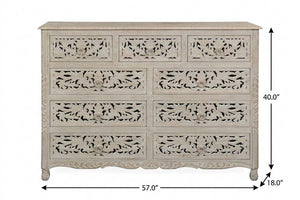 57 Inch Solid Wood Nine Drawer Dresser with Carved Floral Detail for Elegant Bedroom Storage