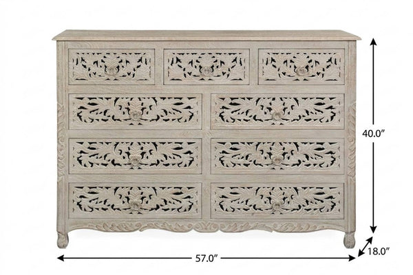 57 Inch Solid Wood Nine Drawer Dresser with Carved Floral Detail for Elegant Bedroom Storage