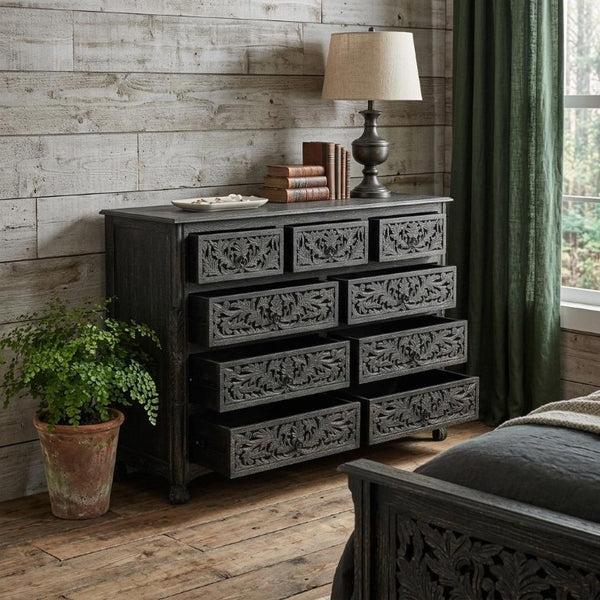 57 Inch Solid Wood Nine Drawer Dresser with Carved Floral Detail for Elegant Bedroom Storage
