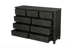 57 Inch Solid Wood Nine Drawer Dresser with Carved Floral Detail for Elegant Bedroom Storage