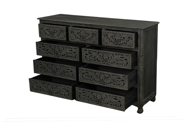 57 Inch Solid Wood Nine Drawer Dresser with Carved Floral Detail for Elegant Bedroom Storage