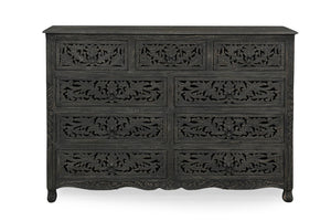 57 Inch Solid Wood Nine Drawer Dresser with Carved Floral Detail for Elegant Bedroom Storage
