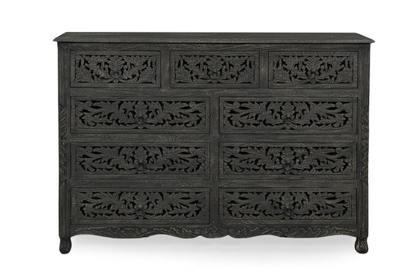 57 Inch Solid Wood Nine Drawer Dresser with Carved Floral Detail for Elegant Bedroom Storage