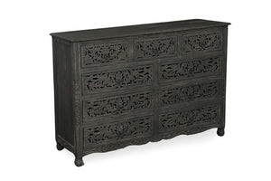 57 Inch Solid Wood Nine Drawer Dresser with Carved Floral Detail for Elegant Bedroom Storage