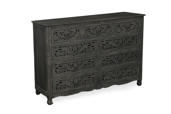 57 Inch Solid Wood Nine Drawer Dresser with Carved Floral Detail for Elegant Bedroom Storage