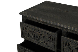 57 Inch Solid Wood Nine Drawer Dresser with Carved Floral Detail for Elegant Bedroom Storage