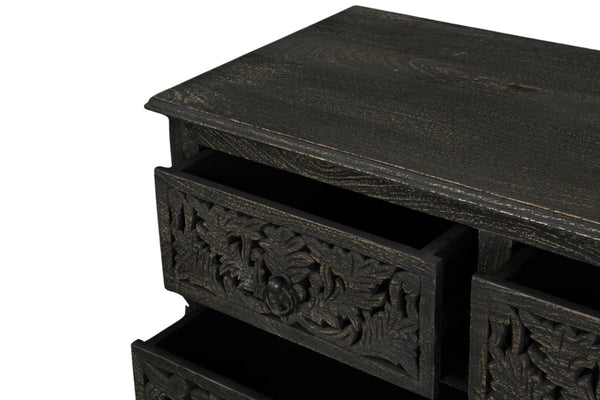57 Inch Solid Wood Nine Drawer Dresser with Carved Floral Detail for Elegant Bedroom Storage