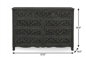 57 Inch Solid Wood Nine Drawer Dresser with Carved Floral Detail for Elegant Bedroom Storage