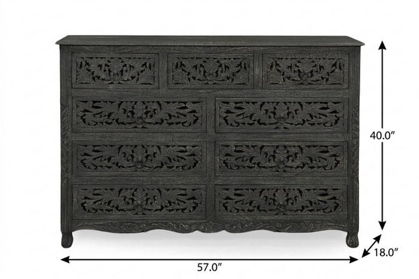 57 Inch Solid Wood Nine Drawer Dresser with Carved Floral Detail for Elegant Bedroom Storage