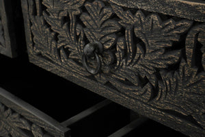 57 Inch Solid Wood Nine Drawer Dresser with Carved Floral Detail for Elegant Bedroom Storage