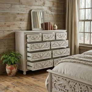 57 Inch Solid Wood Nine Drawer Dresser with Carved Floral Detail for Elegant Bedroom Storage