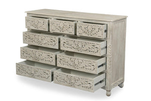 57 Inch Solid Wood Nine Drawer Dresser with Carved Floral Detail for Elegant Bedroom Storage