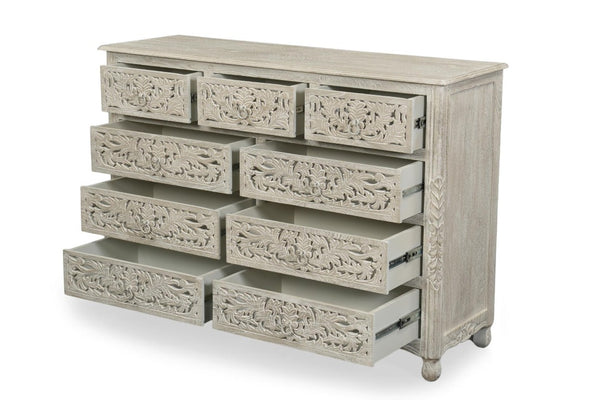 57 Inch Solid Wood Nine Drawer Dresser with Carved Floral Detail for Elegant Bedroom Storage