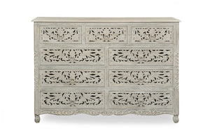 57 Inch Solid Wood Nine Drawer Dresser with Carved Floral Detail for Elegant Bedroom Storage