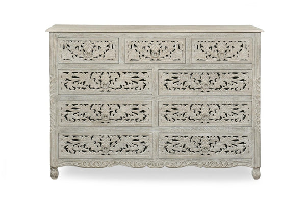 57 Inch Solid Wood Nine Drawer Dresser with Carved Floral Detail for Elegant Bedroom Storage