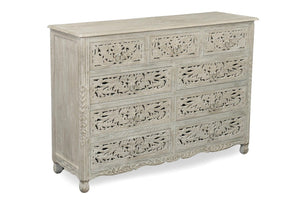 57 Inch Solid Wood Nine Drawer Dresser with Carved Floral Detail for Elegant Bedroom Storage