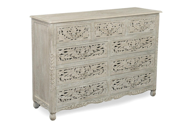 57 Inch Solid Wood Nine Drawer Dresser with Carved Floral Detail for Elegant Bedroom Storage