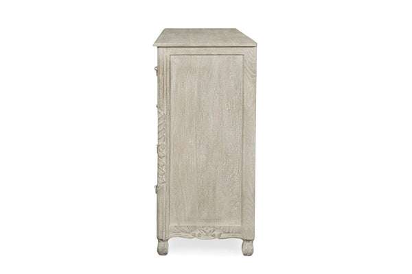 57 Inch Solid Wood Nine Drawer Dresser with Carved Floral Detail for Elegant Bedroom Storage
