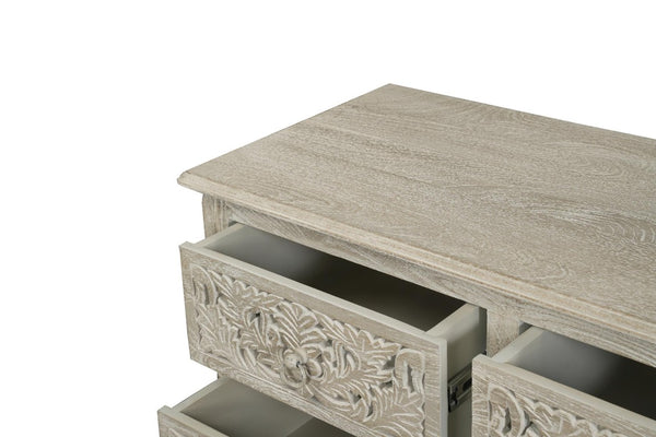 57 Inch Solid Wood Nine Drawer Dresser with Carved Floral Detail for Elegant Bedroom Storage