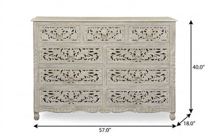 57 Inch Solid Wood Nine Drawer Dresser with Carved Floral Detail for Elegant Bedroom Storage