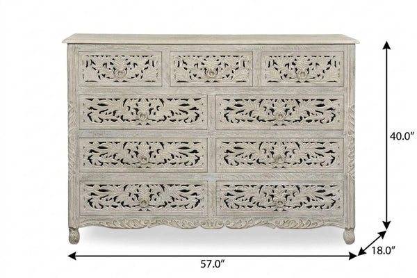 57 Inch Solid Wood Nine Drawer Dresser with Carved Floral Detail for Elegant Bedroom Storage
