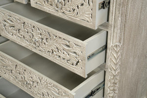 57 Inch Solid Wood Nine Drawer Dresser with Carved Floral Detail for Elegant Bedroom Storage