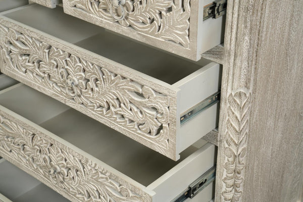 57 Inch Solid Wood Nine Drawer Dresser with Carved Floral Detail for Elegant Bedroom Storage