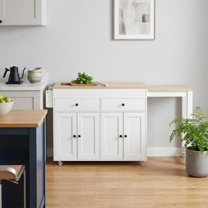 51 Inch Rolling Kitchen Cart with Flat Panel Doors Solid Wood Island and Storage