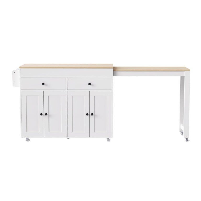 HomeRoots 51 Inch Rolling Kitchen Cart with Flat Panel Doors Solid Wood Island and Storage Brown / White 755913