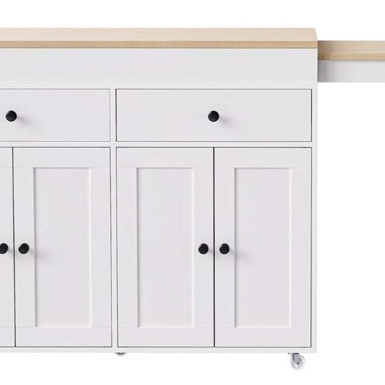 HomeRoots 51 Inch Rolling Kitchen Cart with Flat Panel Doors Solid Wood Island and Storage Brown / White 755913