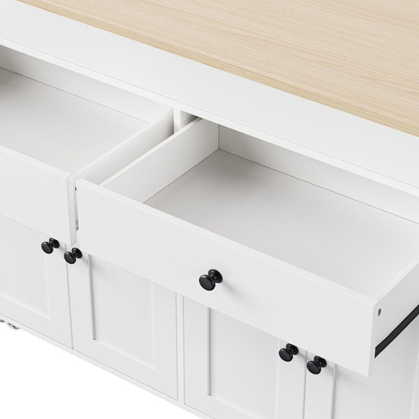 51 Inch Rolling Kitchen Cart with Flat Panel Doors Solid Wood Island and Storage