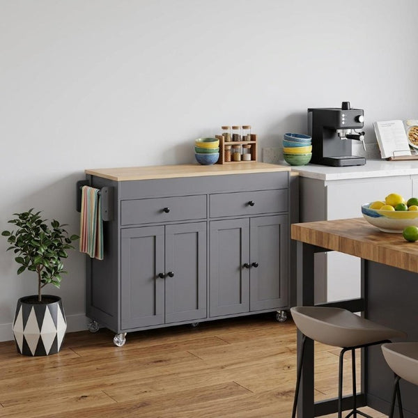 51 Inch Rolling Kitchen Cart with Flat Panel Doors Solid Wood Island and Storage