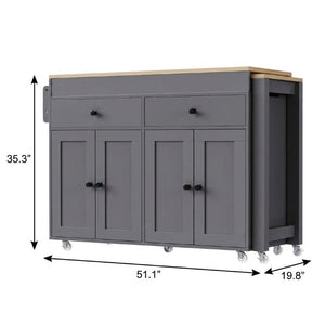 51 Inch Rolling Kitchen Cart with Flat Panel Doors Solid Wood Island and Storage