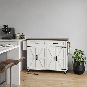 54 Inch Rolling Kitchen Cart with Flat Panel Doors Built-in Usb Port and Locking Wheels
