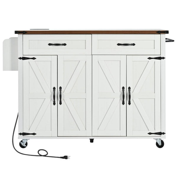 HomeRoots 54 Inch Rolling Kitchen Cart with Flat Panel Doors Built-in Usb Port and Locking Wheels Brown / White 755919