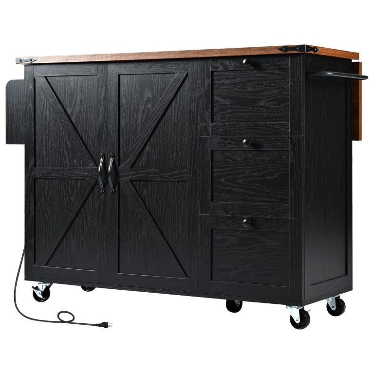 HomeRoots 55 Inch Rolling Kitchen Cart with Flat Door Storage Usb Charging and Two-tone Wood Cabinet Brown / Black 755921