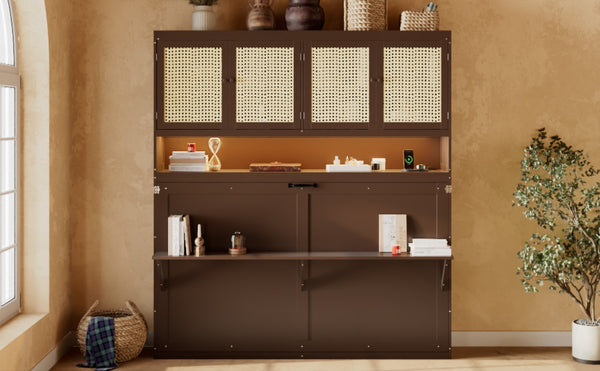English Elm Twin Murphy Bed with Rattan Cabinet Doors Led Lighting and Usb Charging for Small Spaces Espresso LP000740AAP